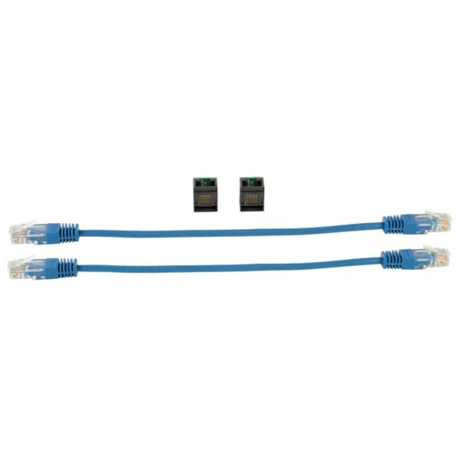 Zwei blaue Ethernet-Kabel mit transparenten Steckern auf weißem Hintergrund.