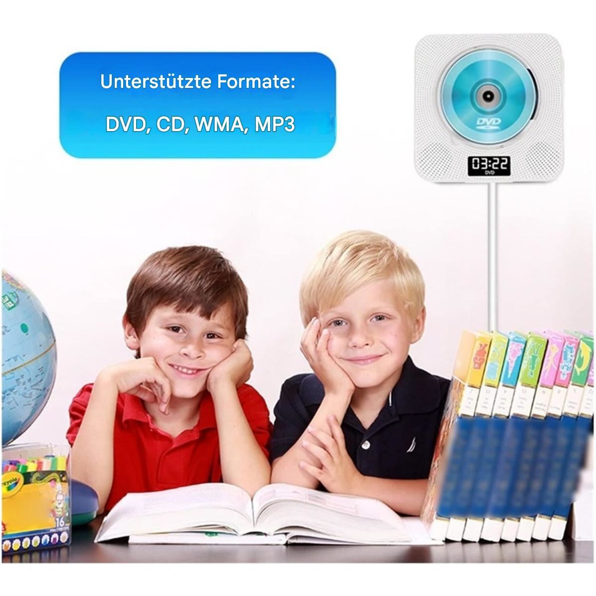Zwei Jungen mit einem DVD-Player. Bücher und Crayola-Buntstifte liegen daneben.