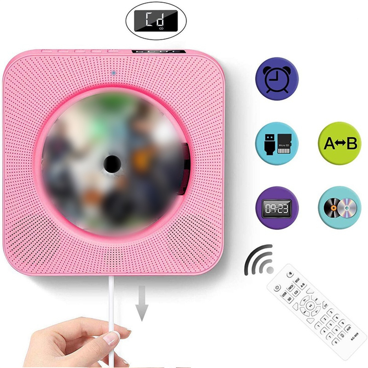 Rosa CD-Player, mit CD, und verschiedenen Bedienelementen und Symbolen.