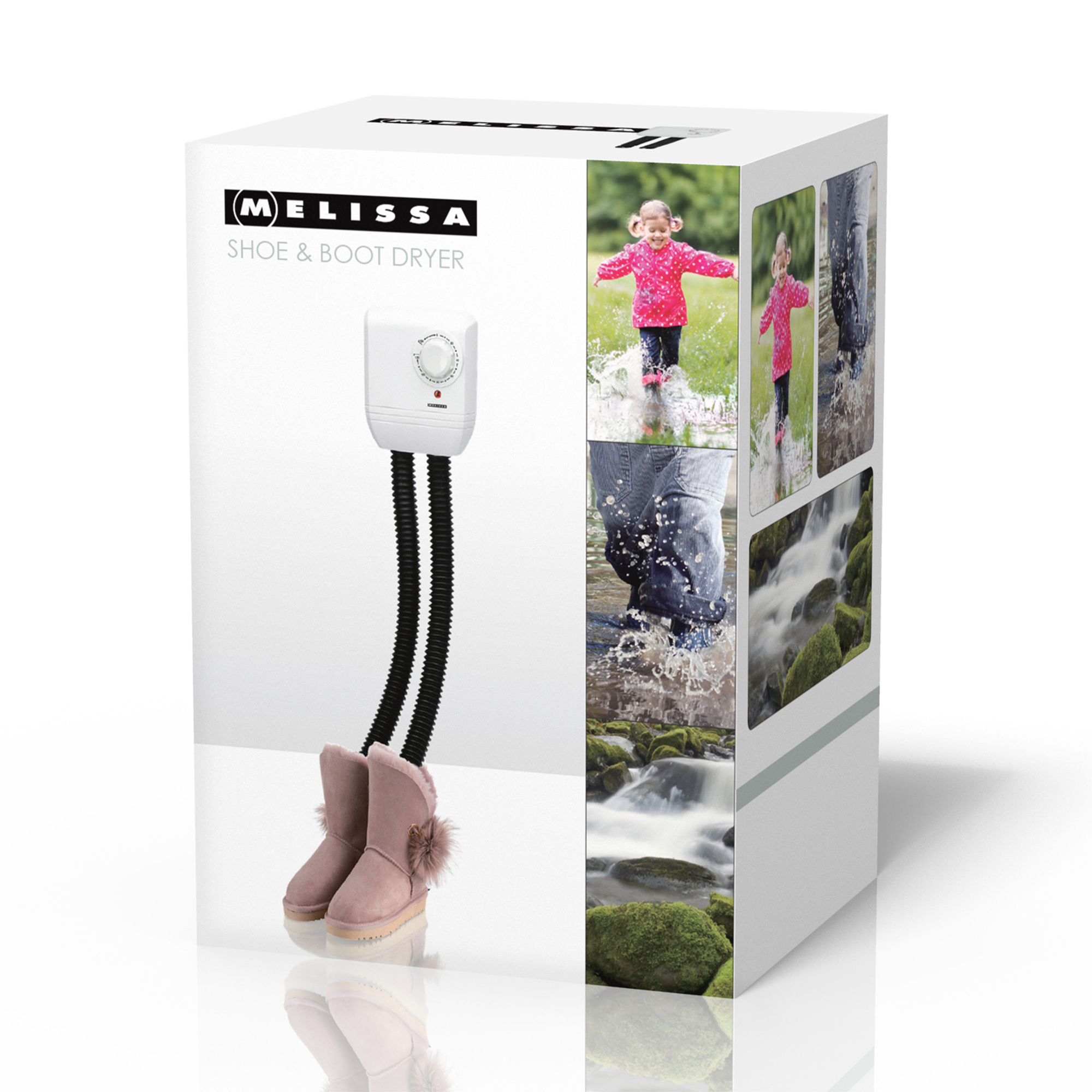 White box with an electric shoe and boot dryer. The box has pictures of boots in the rain.