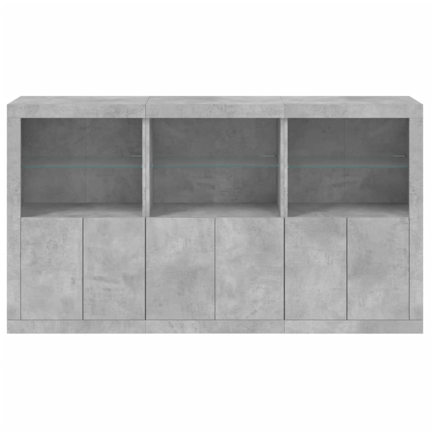 Ein grauer Schrank mit sechs Türen und Glasböden. Es hat eine Betonoptik.