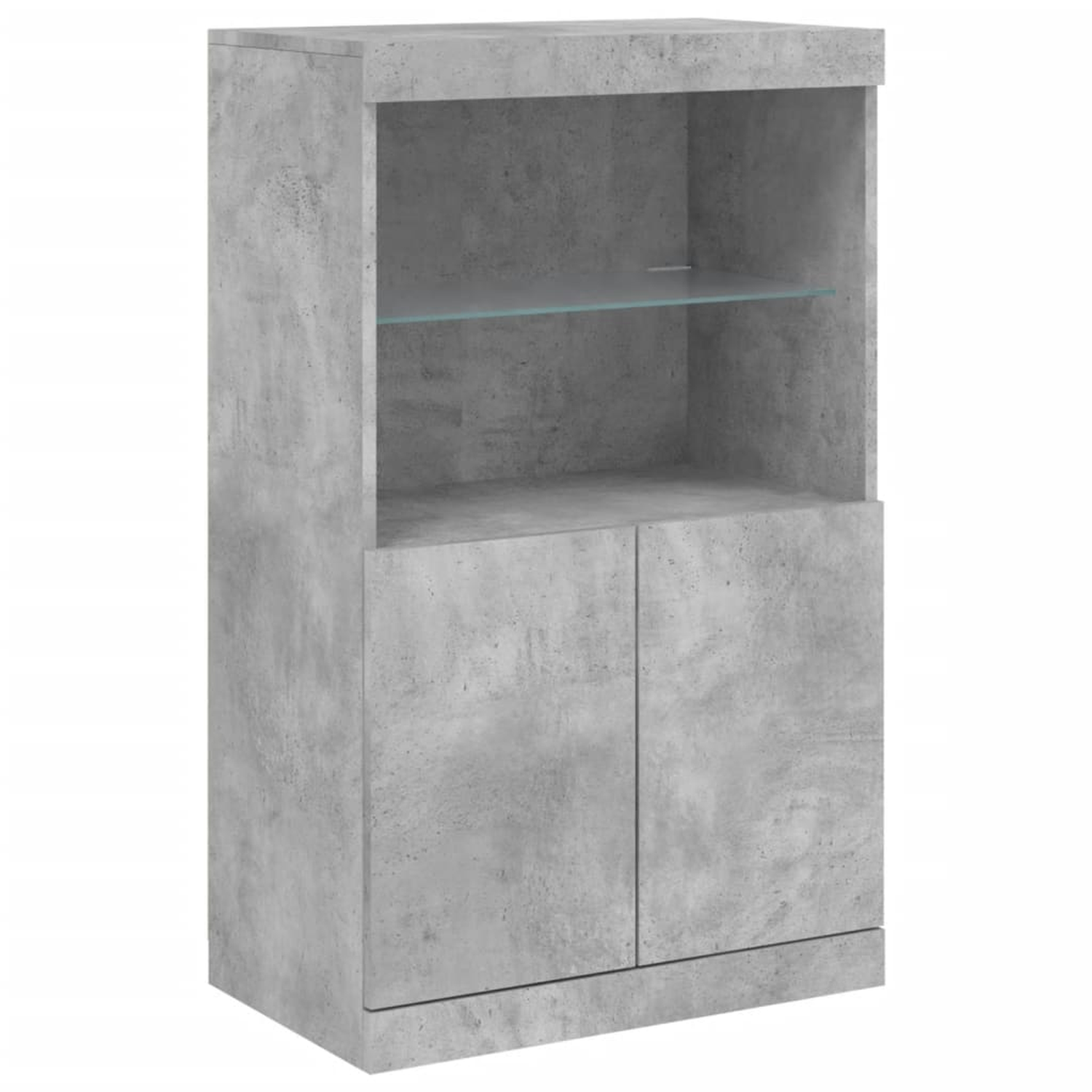 Ein grauer Betonschrank mit zwei Türen und einem Glasregal.