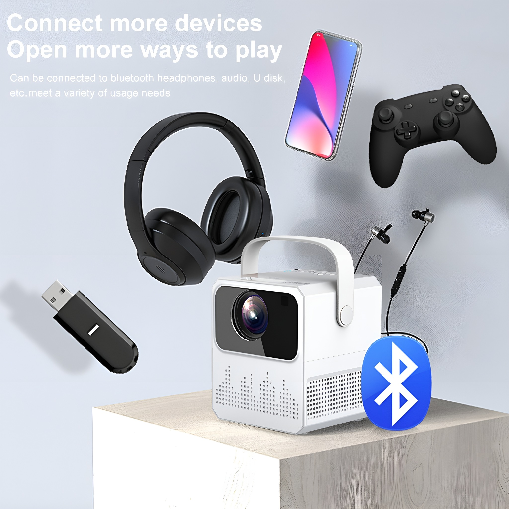 Projektor mit Kopfhörern, Telefon und Controller. Bluetooth-Symbol. Weißer Hintergrund.