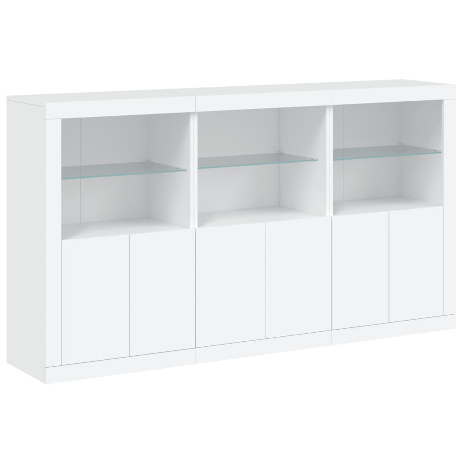 Ein weißer Schrank mit drei Abschnitten. Jeder Abschnitt hat ein Glasregal und eine Tür. Weißer Hintergrund.