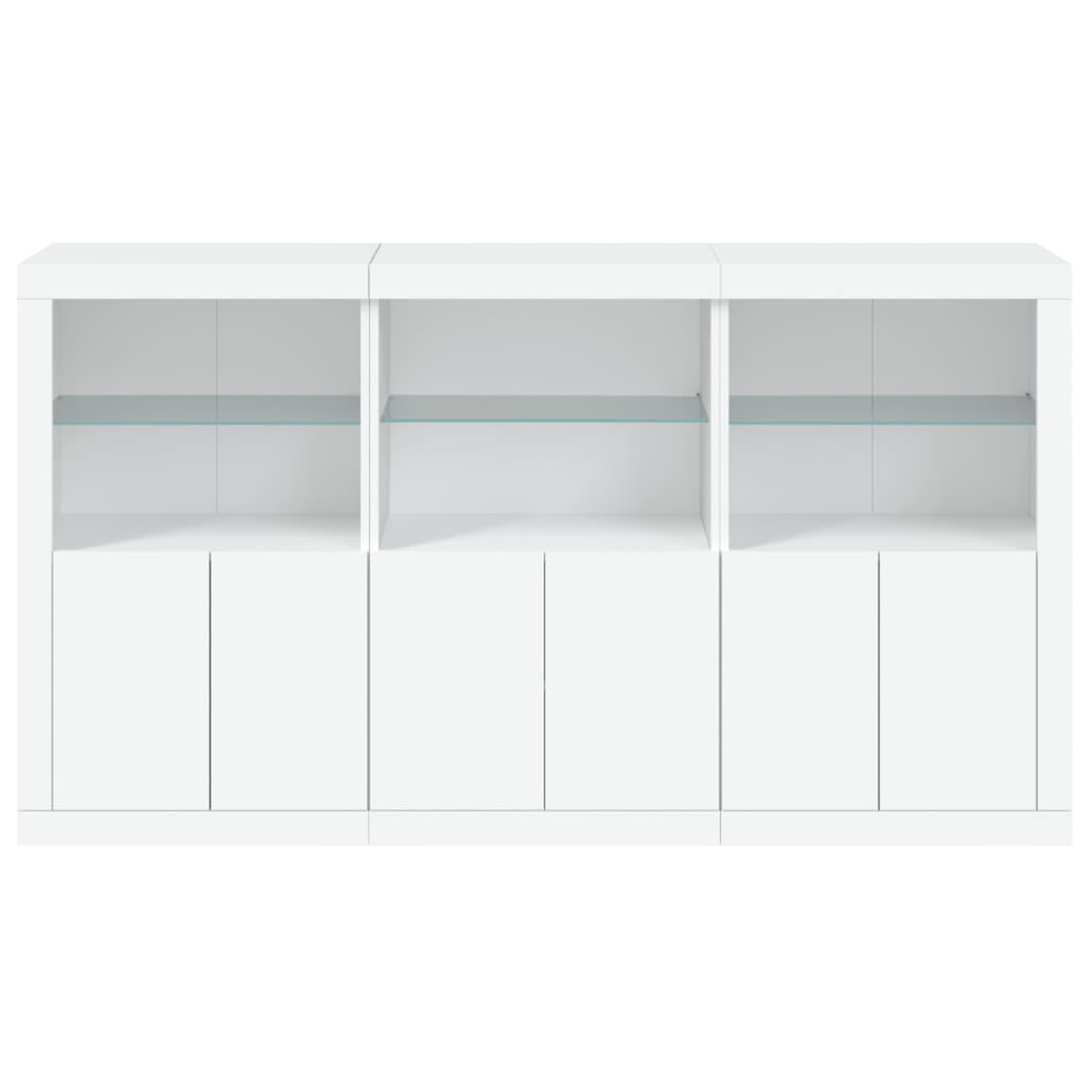 Ein weißer Schrank mit sechs Türen und drei Regalen mit Glasfront, vor weißem Hintergrund.