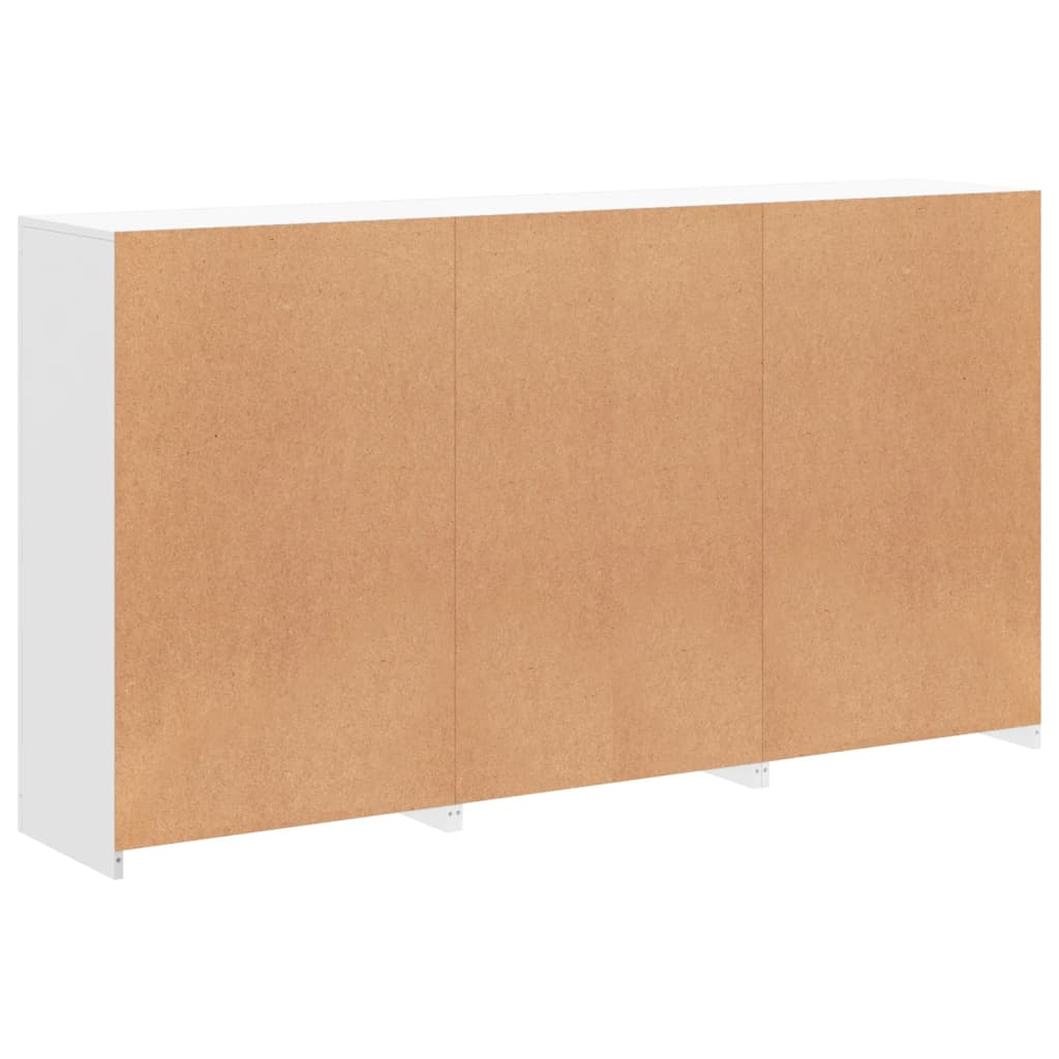 Weißer Schrank vor weißem Hintergrund, drei Türen, braun/beige Innenraum, weiße Beine.