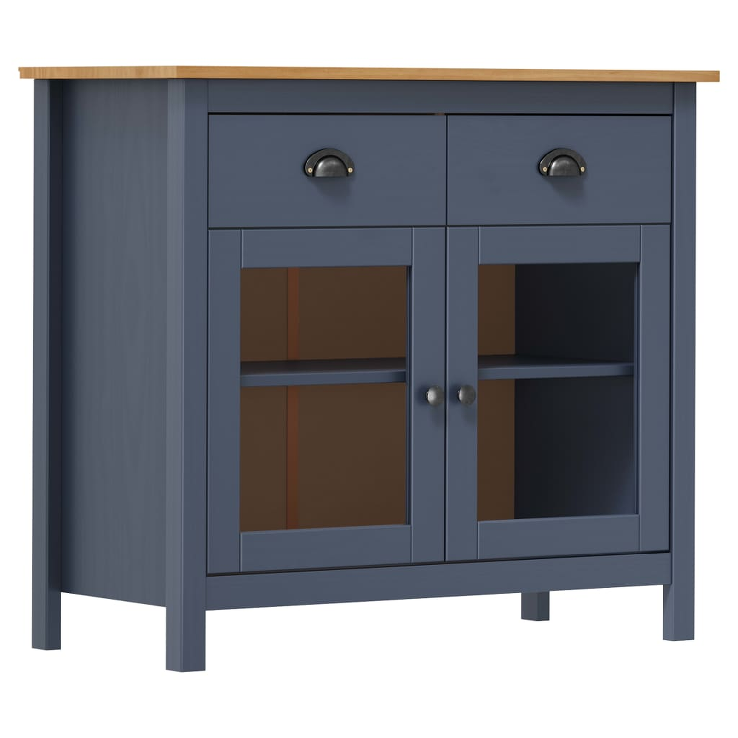 Ein blauer Schrank mit zwei Glastüren und zwei Schubladen. Der Schrank steht auf weißem Hintergrund.