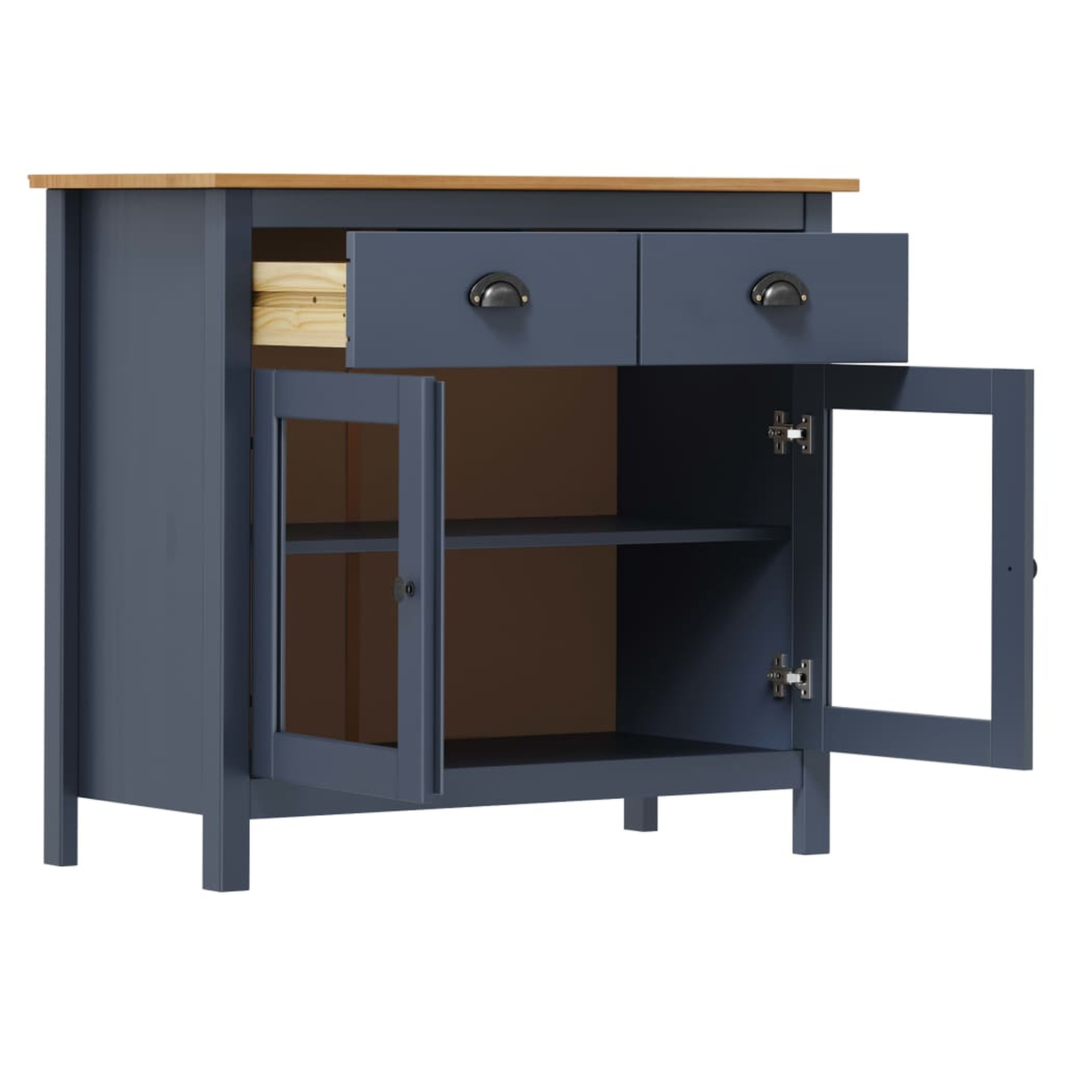 Blauer Schrank mit Schubladen und Türen. Eine Schublade offen. Glastüren. Holzplatte.