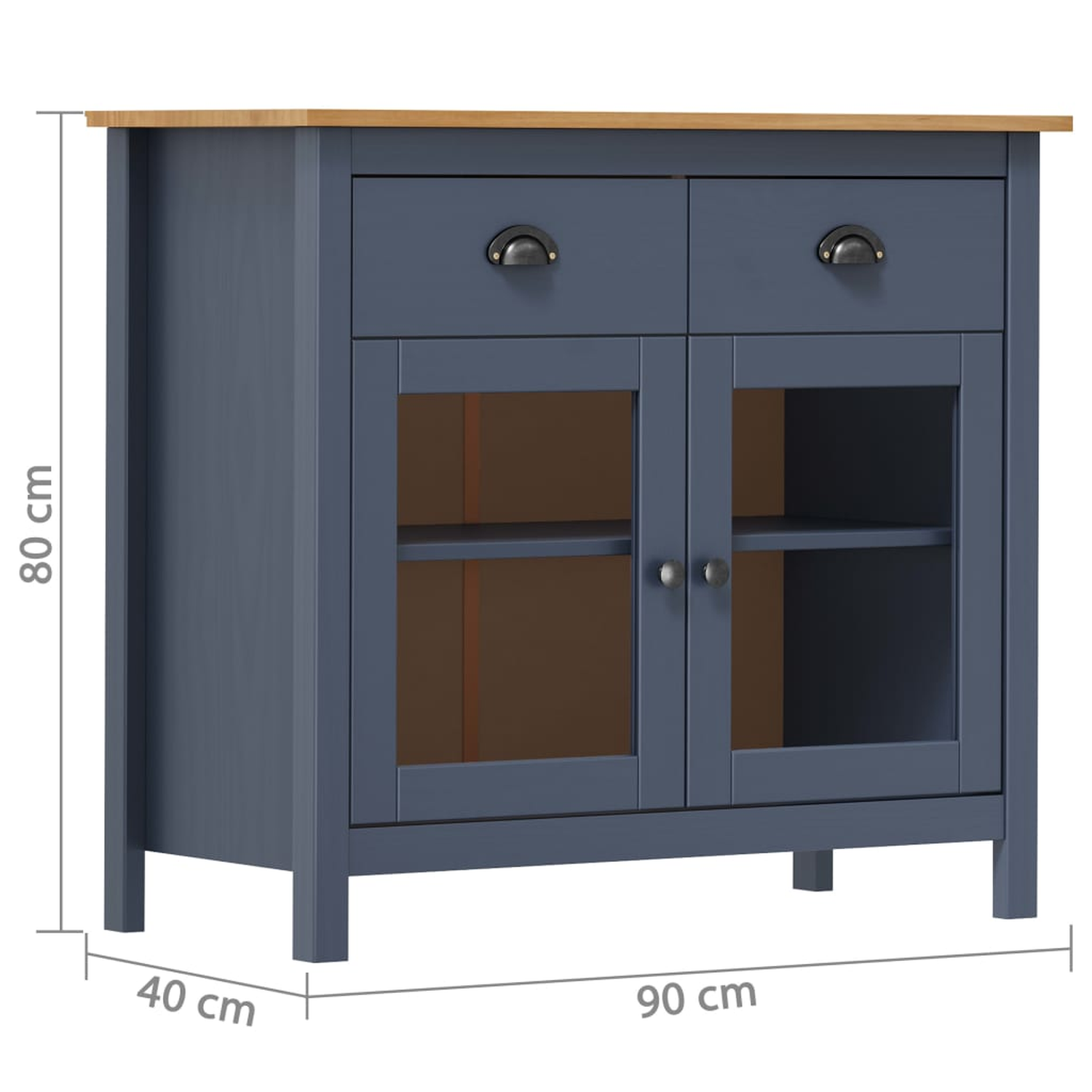 Ein blauer Schrank mit zwei Schubladen und zwei Glasschranktüren. Oben befindet sich eine Holzplatte.