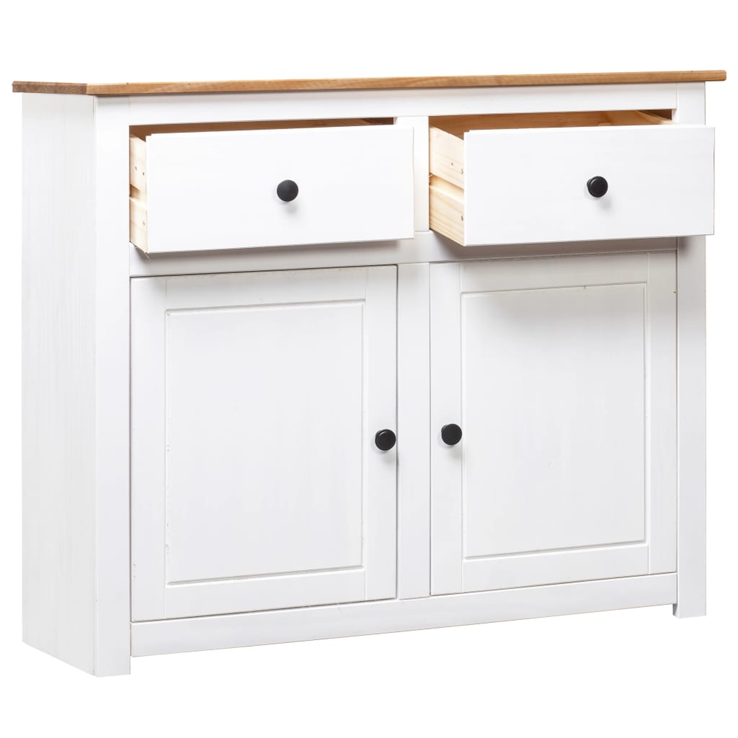 Weißer Schrank mit zwei offenen Schubladen und zwei geschlossenen Türen. Holzplatte.