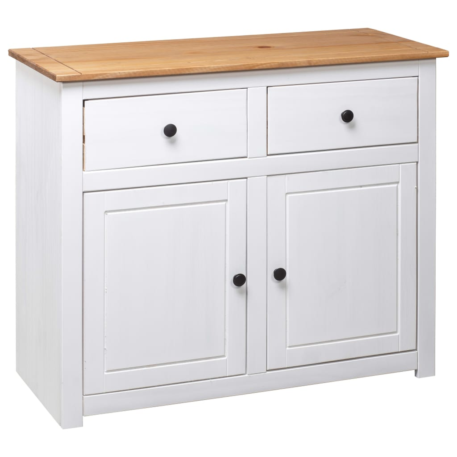 Ein weißer Schrank mit zwei Schubladen und zwei Türen. Er hat eine Holzplatte und schwarze Knöpfe.
