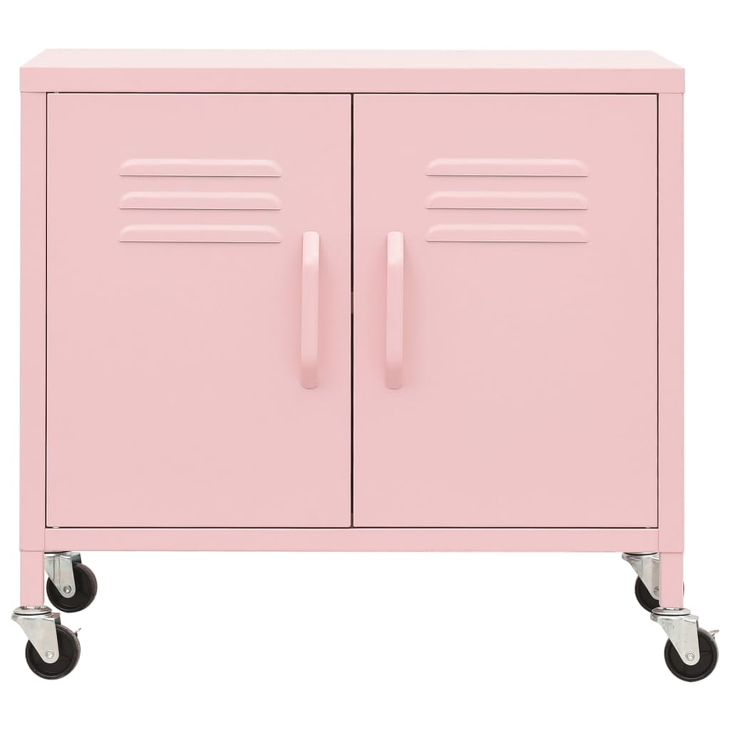 Ein rosa Schrank mit zwei Türen und Rädern. Er hat Griffe und belüftungsähnliche Designs.