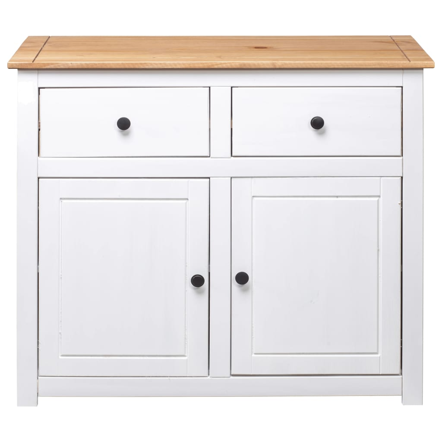 Weißer Schrank mit zwei Türen und zwei Schubladen. Holzplatte. Schwarze Knöpfe an Türen und Schubladen.