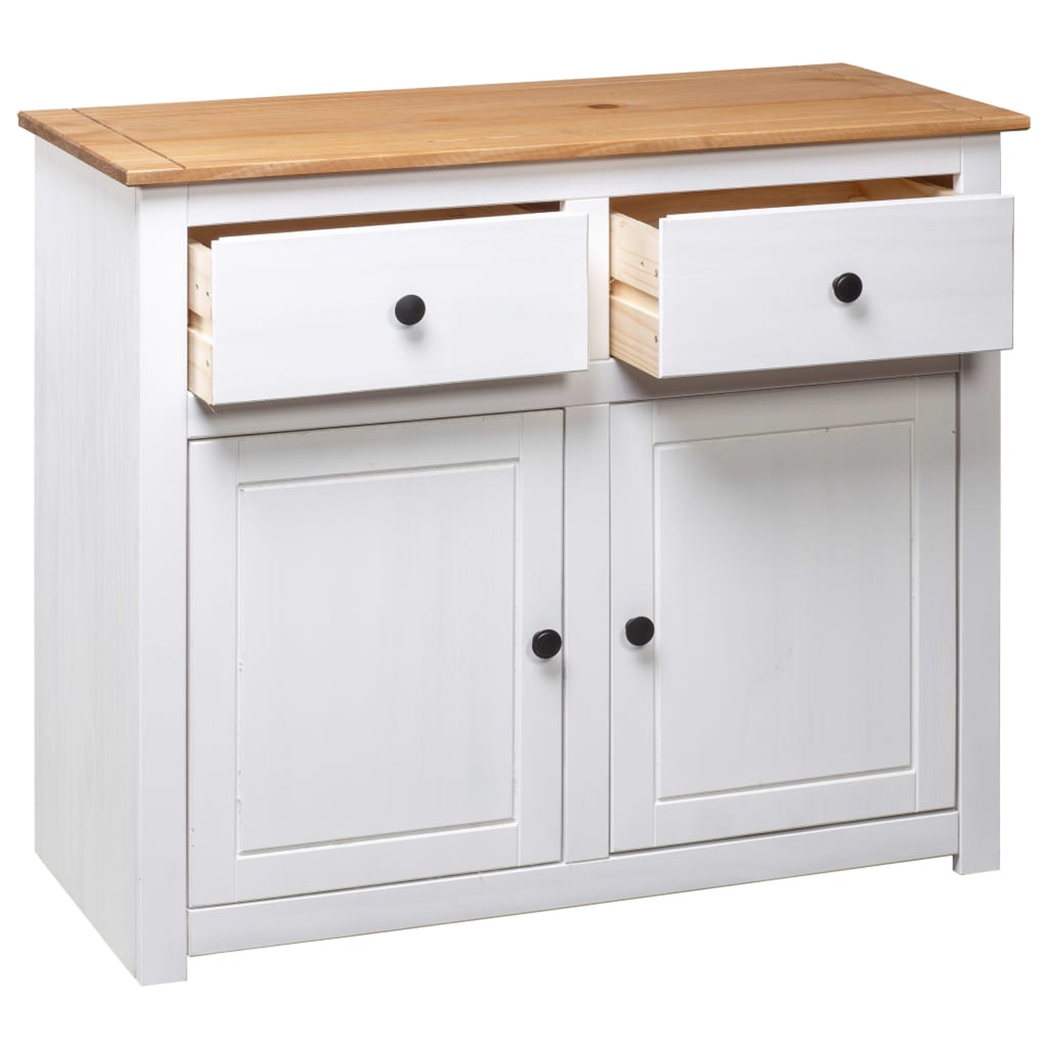 Weißer Schrank mit zwei offenen Schubladen, schwarzen Knöpfen und heller Holzplatte. Türen zu.