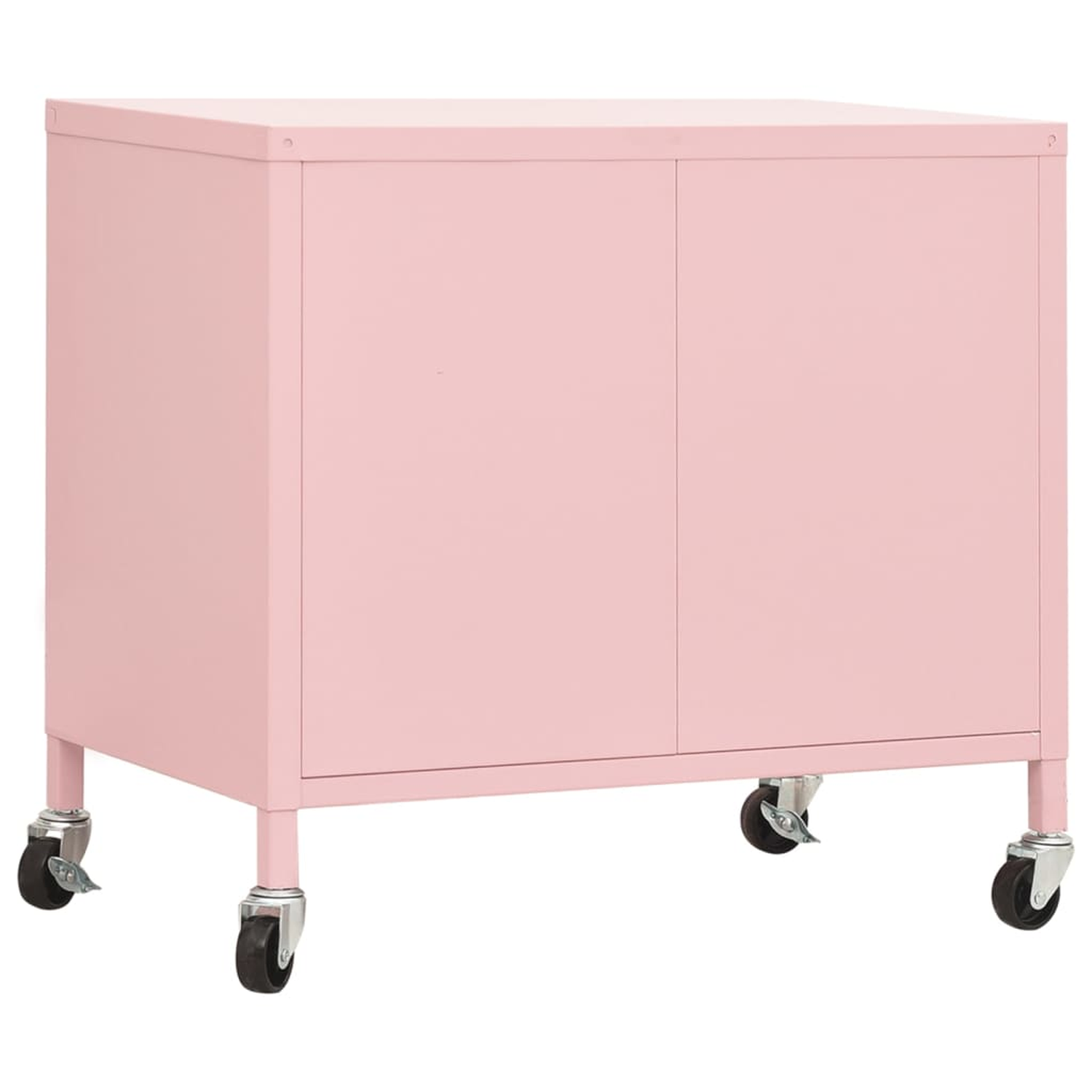 Rosa Schrank auf Rädern. Zwei Türen. Weißer Hintergrund.