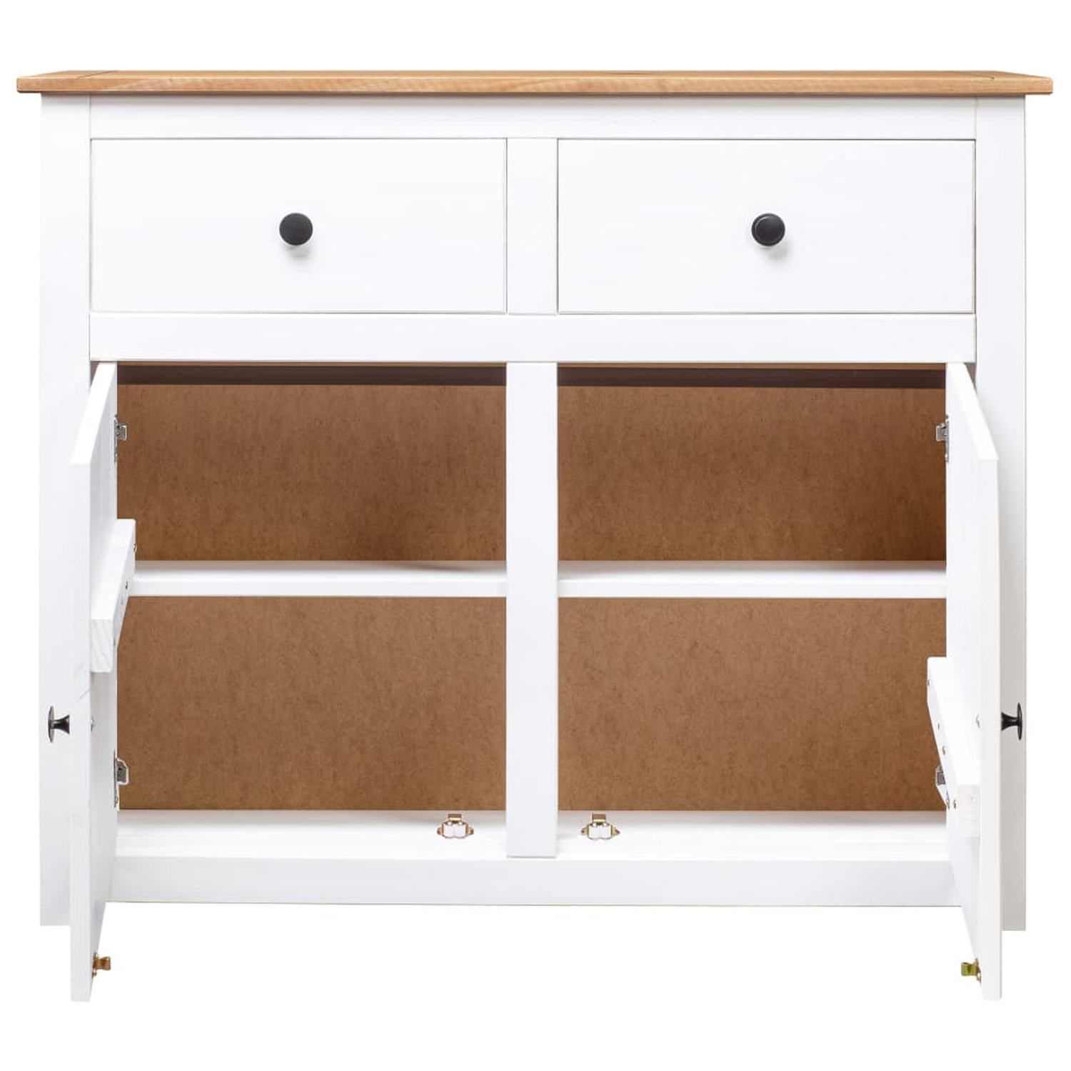 Weißer Schrank mit zwei Schubladen und zwei offenen Türen, Holzplatte, Innenraum sichtbar.