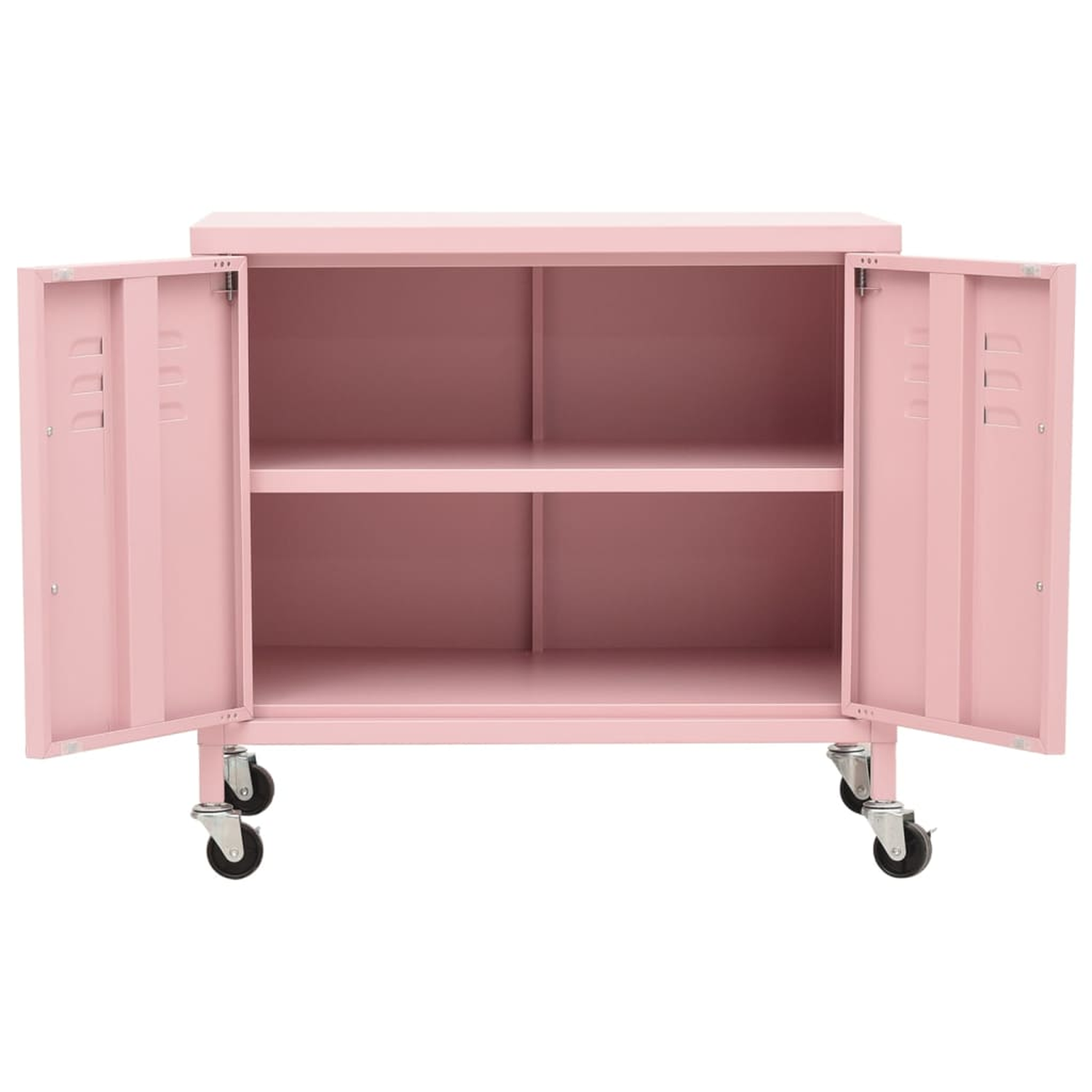 Ein rosa Schrank mit offenen Türen und Regalen, auf Rädern, mit weißem Hintergrund.