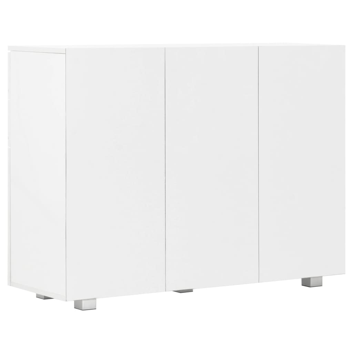 Ein weißer Schrank mit drei Türen und silbernen Füßen. Er hat ein schlichtes, modernes Design und steht auf weißem Hintergrund.