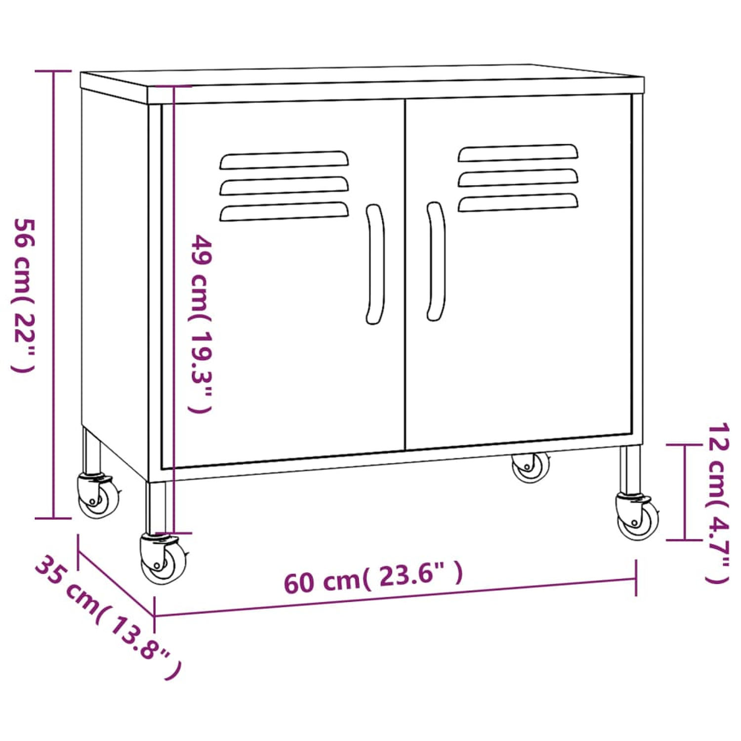 Ein Holzschrank mit zwei Türen, Maße sind in cm und Zoll beschriftet.