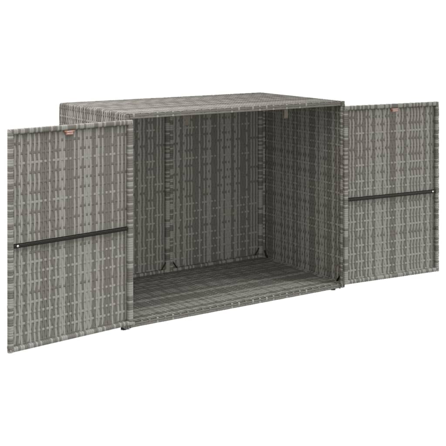 Eine graue Outdoor-Aufbewahrungsbox mit offenen Türen. Die Box hat eine gewebte Textur.