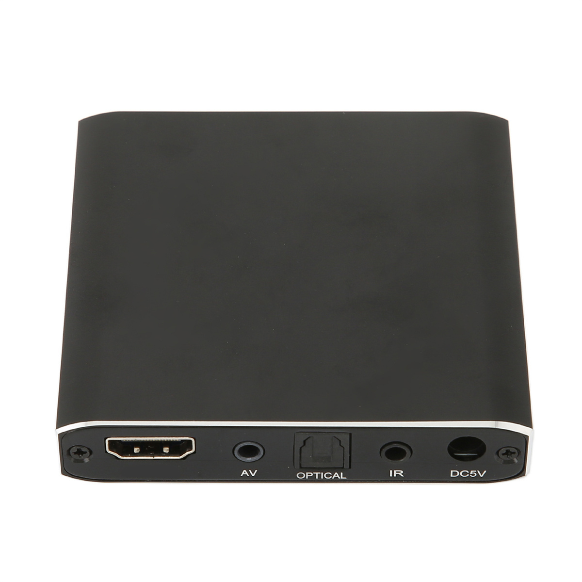Schwarzes HDMI-Gerät mit Anschlüssen für HDMI, AV, Optical, IR und DC5V. Weißer Hintergrund.