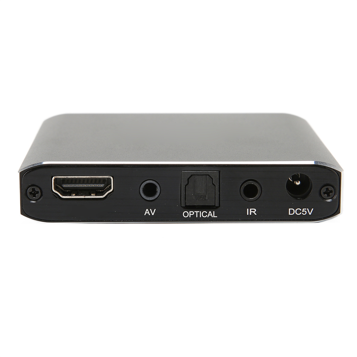 Schwarzes Gerät mit verschiedenen Anschlüssen: HDMI, AV, Optical, IR und DC5V. Anschlüsse sind beschriftet. Weißer Hintergrund.