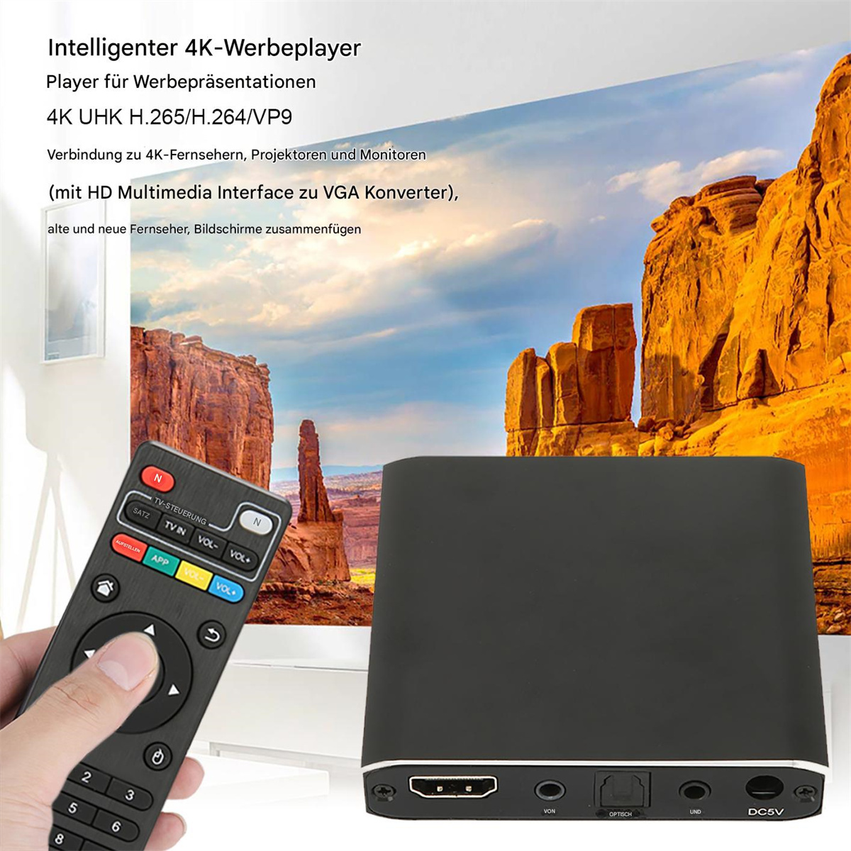 Ein schwarzer Mediaplayer und eine Fernbedienung liegen auf einem Tisch. Der Hintergrund ist eine malerische Canyon-Ansicht.