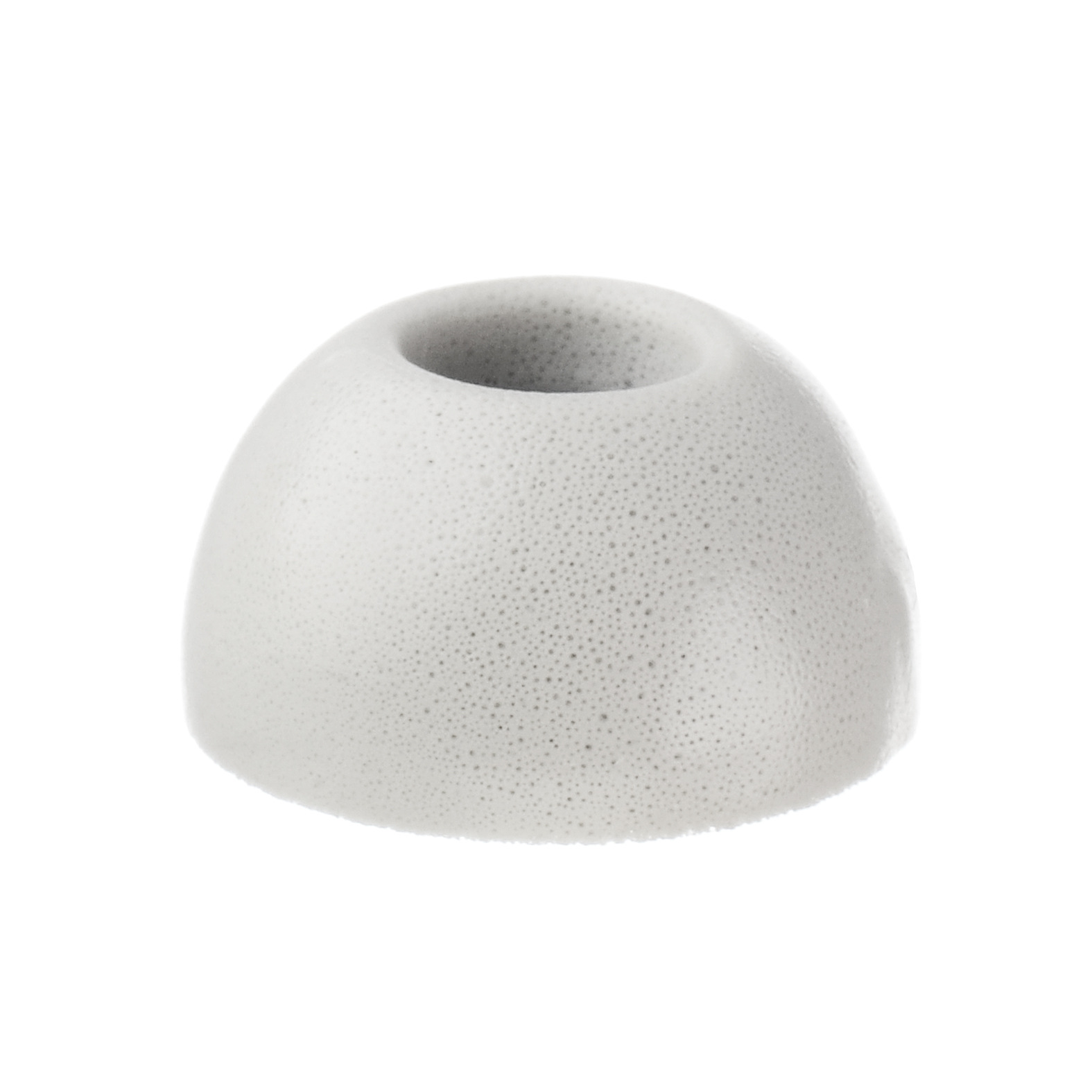 Mały, biały, porowaty ceramiczny przedmiot z centralnym wgłębieniem, na białym tle.