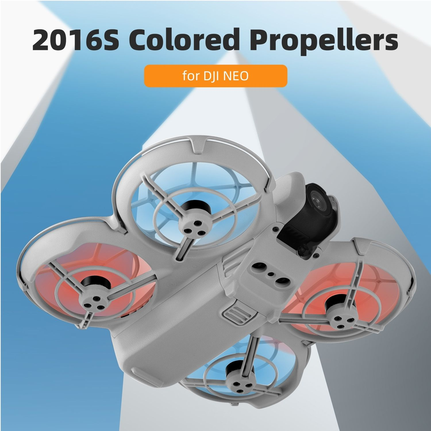 Drone con eliche colorate. Il testo dice: "Eliche colorate 2016S per DJI NEO".