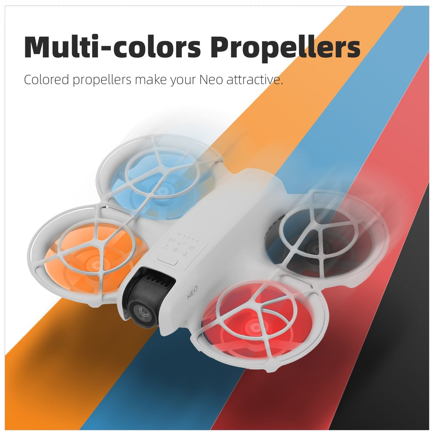 Un drone bianco con eliche multicolore (blu, arancione, rosso) su sfondi colorati.