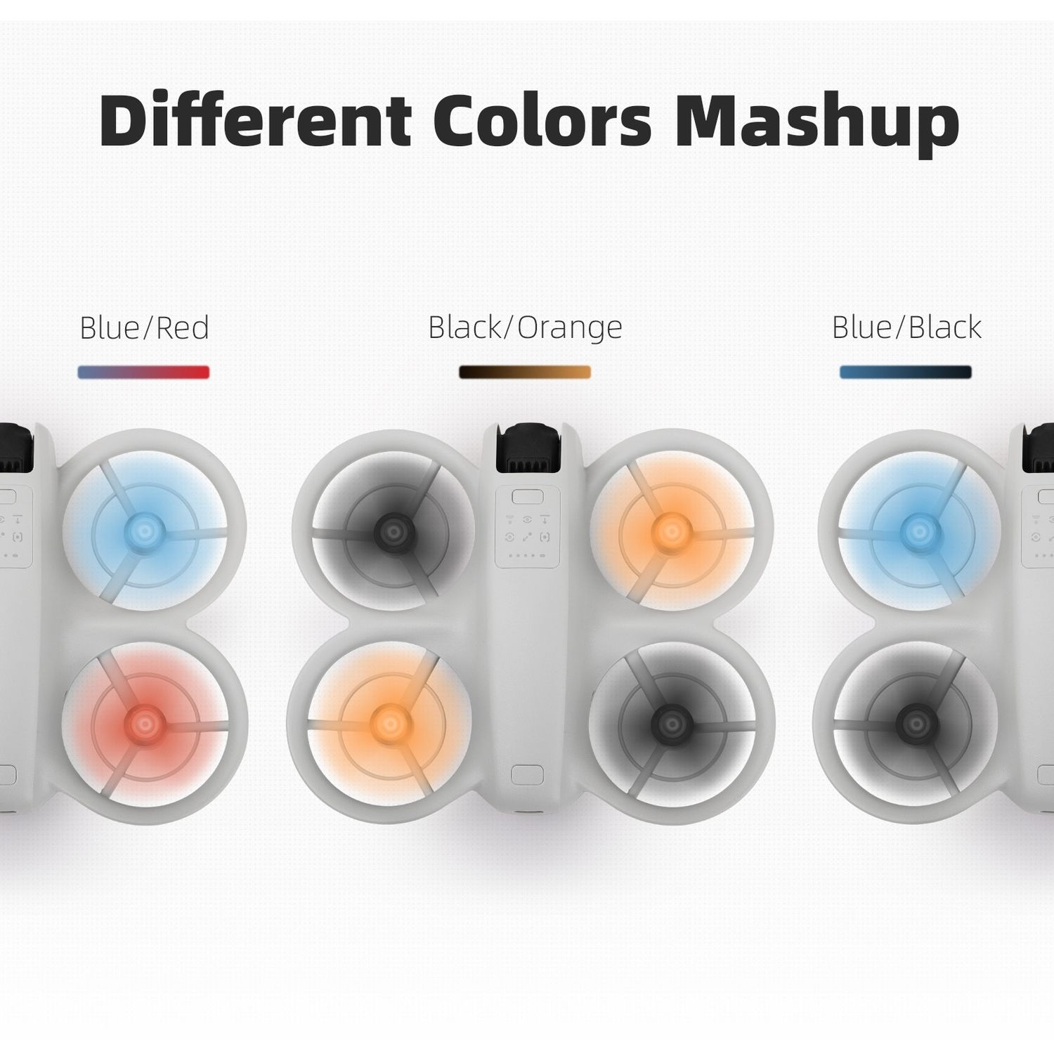 Droni in diverse combinazioni di colori: blu/rosso, nero/arancione e blu/nero. Sfondo bianco.