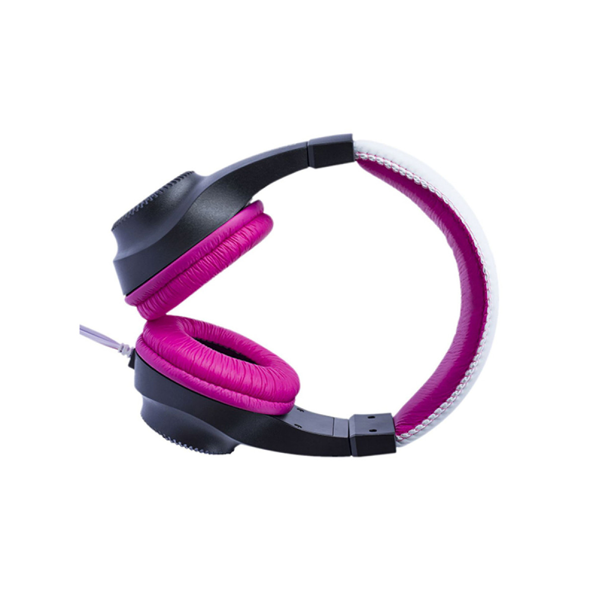 Pink-schwarze Kopfhörer, zusammengeklappt, auf weißem Hintergrund.
