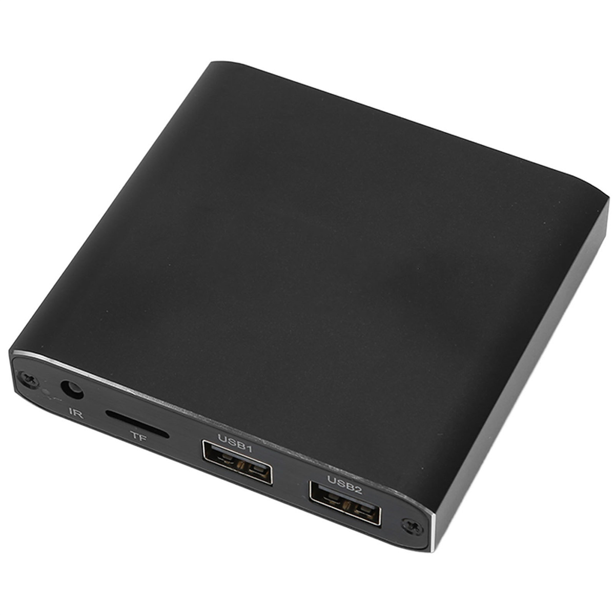 Kleines schwarzes Gerät mit USB-Anschlüssen, IR und TF-Kartensteckplatz auf weißer Oberfläche.