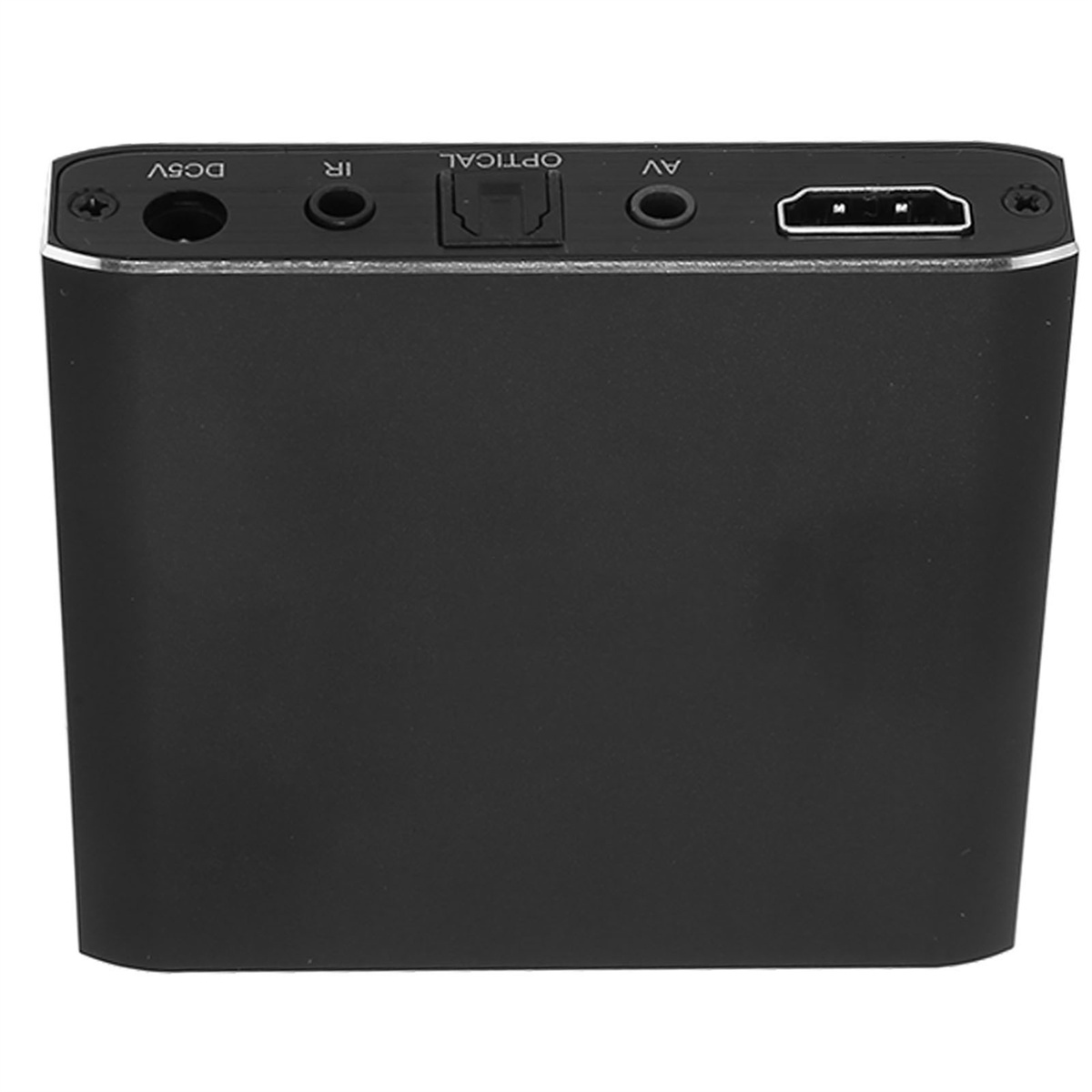 Schwarzes Gerät mit mehreren Anschlüssen: DC5V, IR, Optical, AV und HDMI, vor weißem Hintergrund.