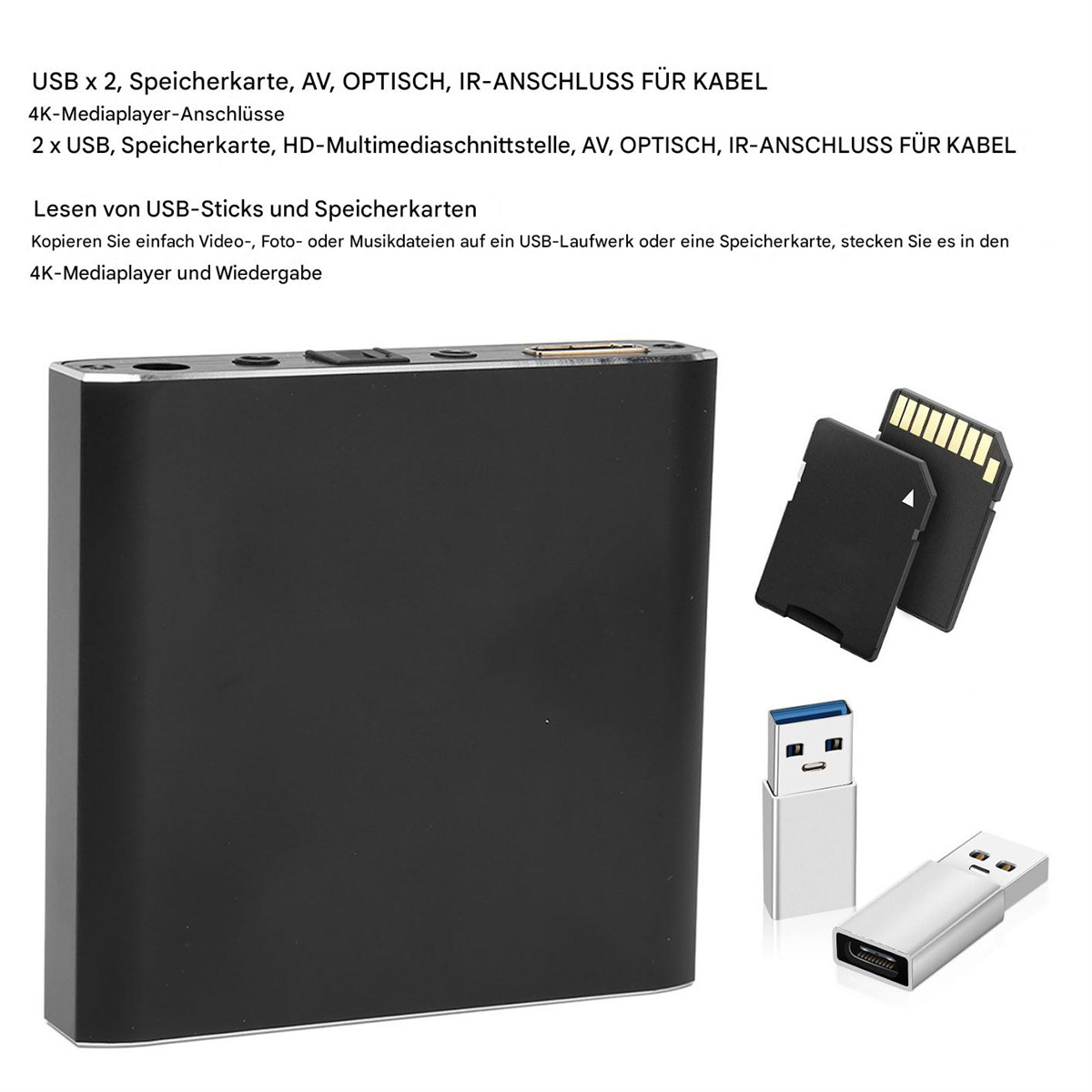 Ein schwarzer Mediaplayer mit USB-Anschlüssen, SD-Karten und USB-Sticks.