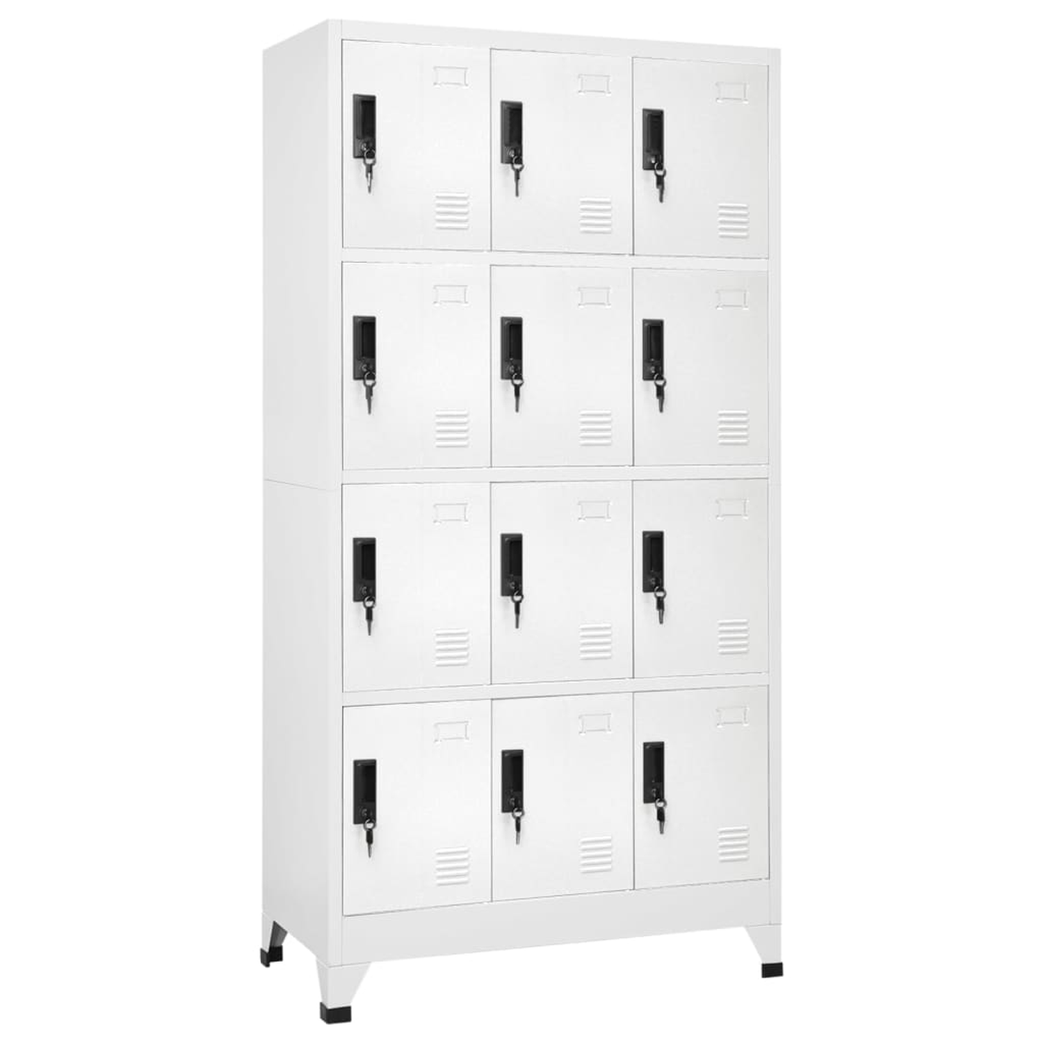 Ein hoher, weißer Metallschrank mit zwölf einzelnen Schließfächern, jedes mit Schlüsselloch.