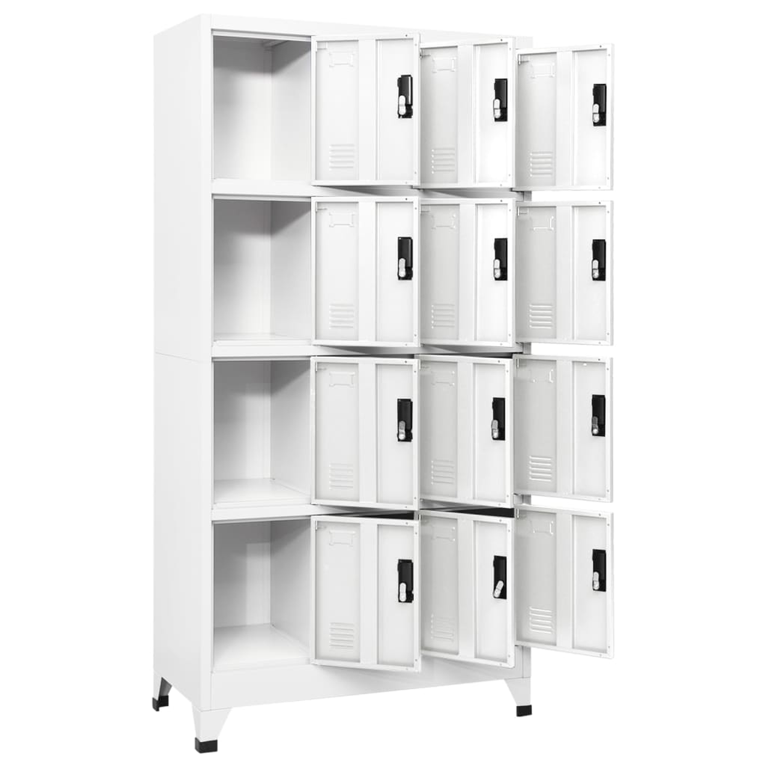 Ein weißer Metallschrank mit offenen Türen, der mehrere Staufächer zeigt.