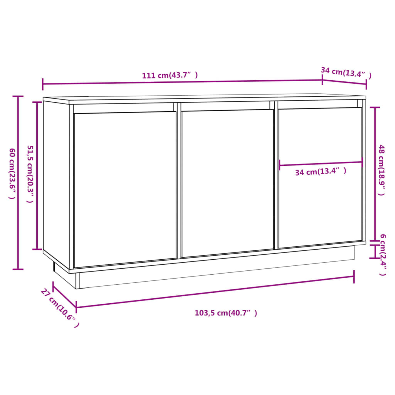Ein weißer Schrank mit drei Türen, mit Abmessungen in Zentimetern. Der Schrank ist weiß.