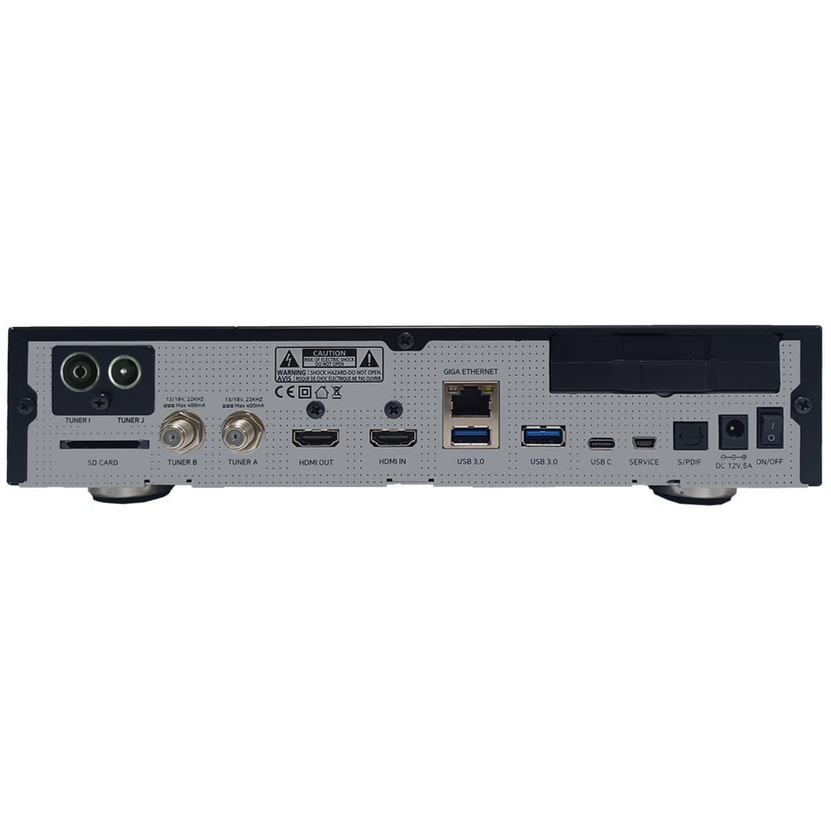 Die Rückseite einer schwarzen TV-Box. Die Box hat verschiedene Anschlüsse.
