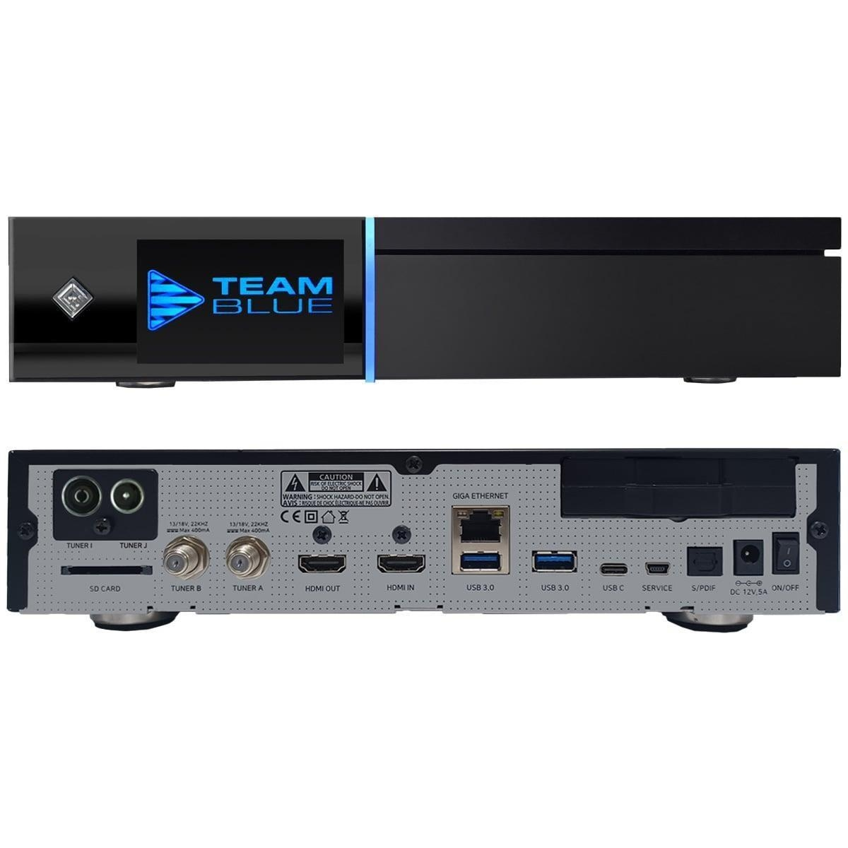 Schwarze TV-Box mit Team Blue Logo, Anschlüssen und Verbindungen auf der Rückseite.