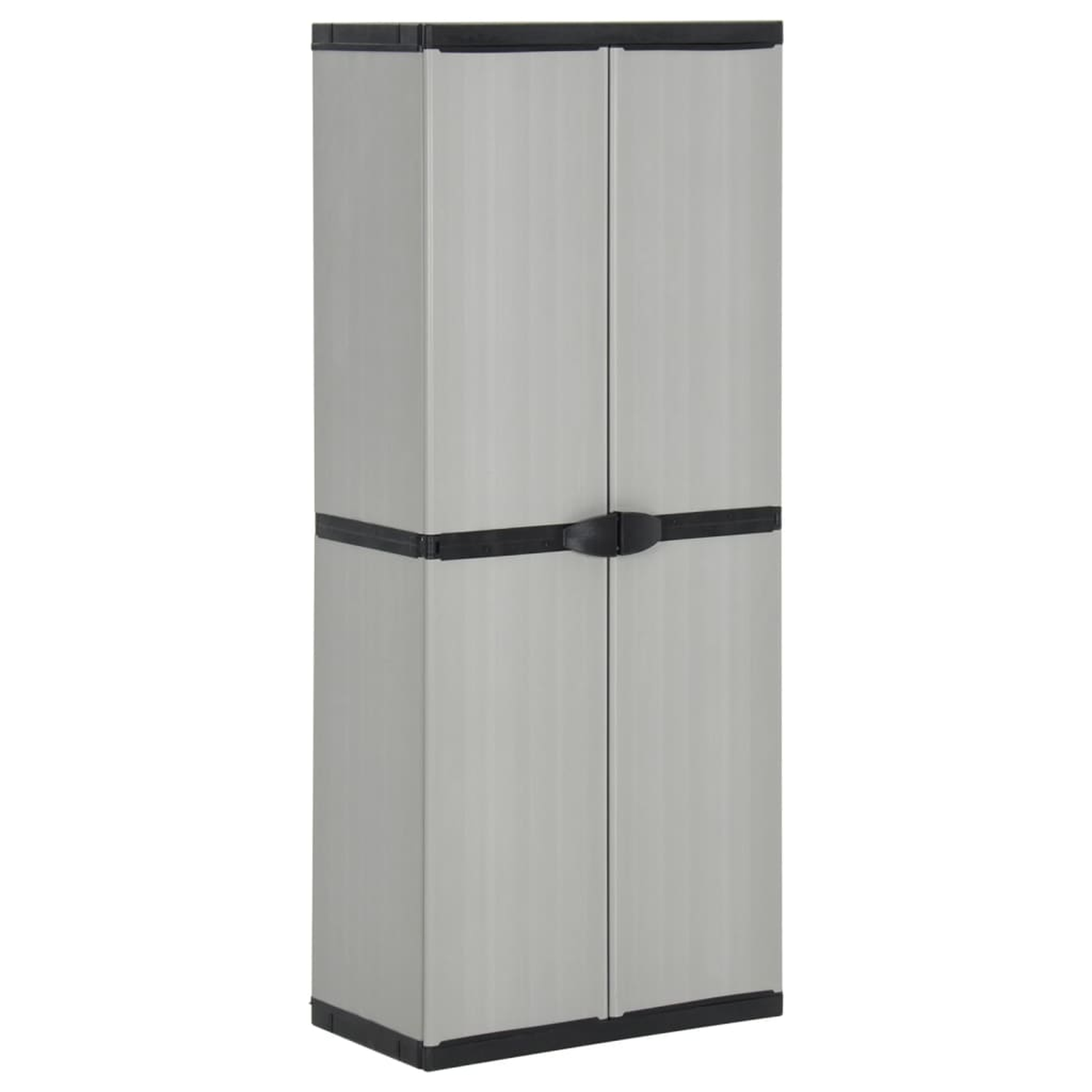 Ein grauer Schrank mit zwei Türen und schwarzem Rahmen.