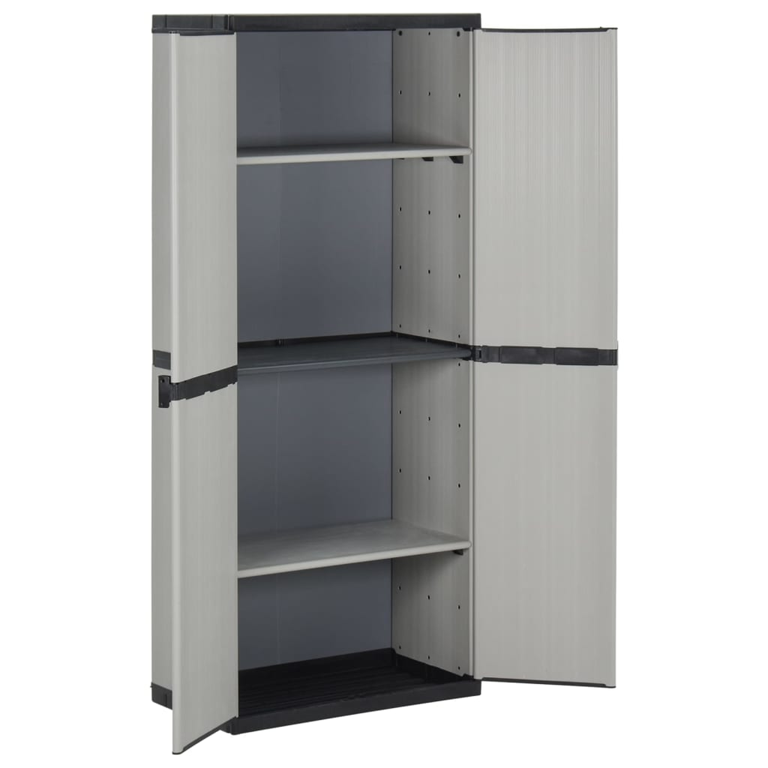 Grauer Kunststoffschrank mit zwei geöffneten Türen, der Regale zeigt. Schwarze Griffe und Sockel. Weißer Hintergrund.