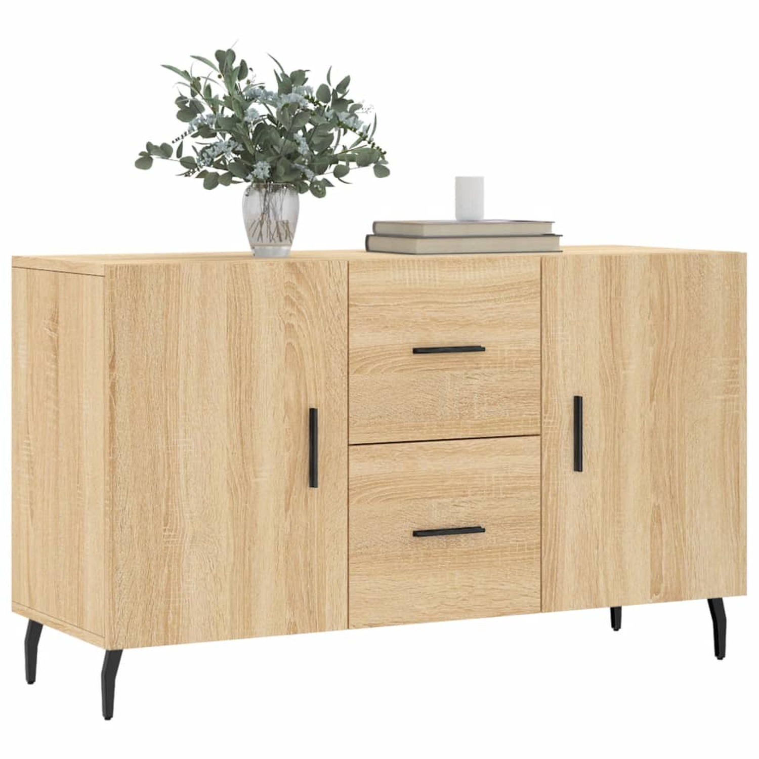 Holzschrank mit zwei Türen und Schubladen. Eine Vase und Bücher stehen oben drauf. Schwarze Beine.