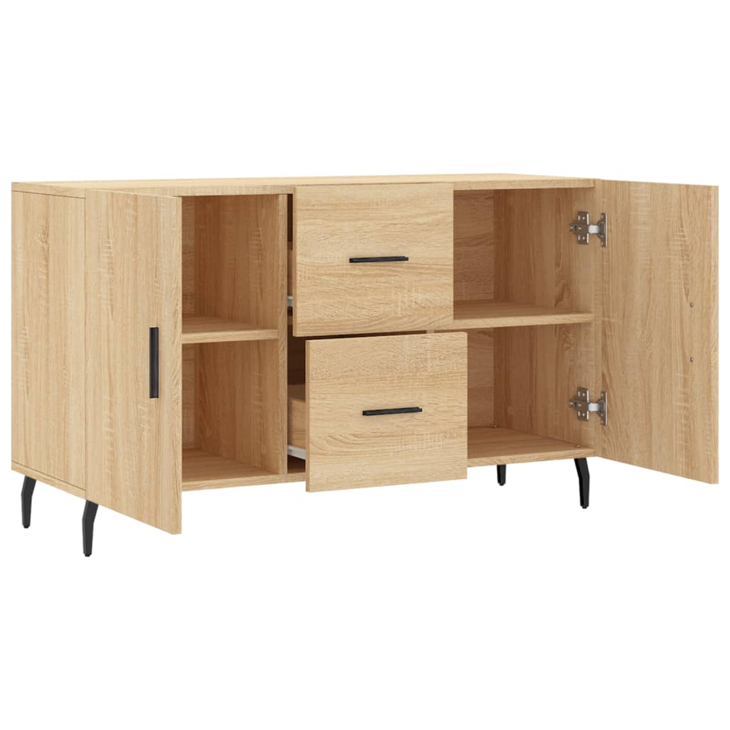 Holzschrank mit zwei Schubladen und zwei offenen Türen, die Regale zeigen. Schwarze Griffe und Beine.