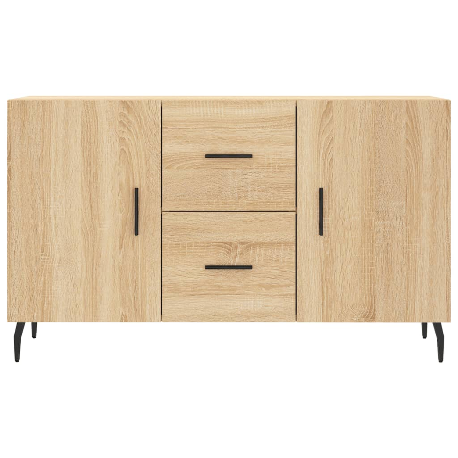 Holzschrank mit Schubladen und Türen, schwarze Griffe.