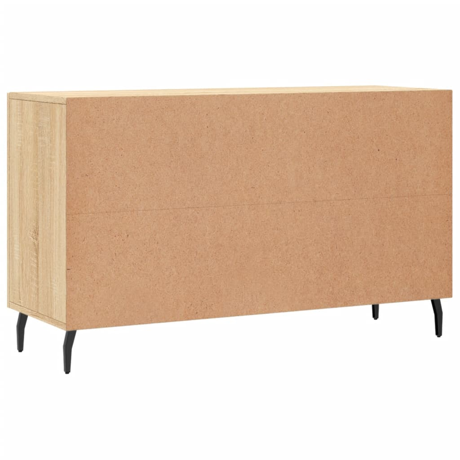 Rückseite eines hellbraunen Holzschranks mit schwarzen Beinen. Der Schrank hat ein einfaches, rechteckiges Design.