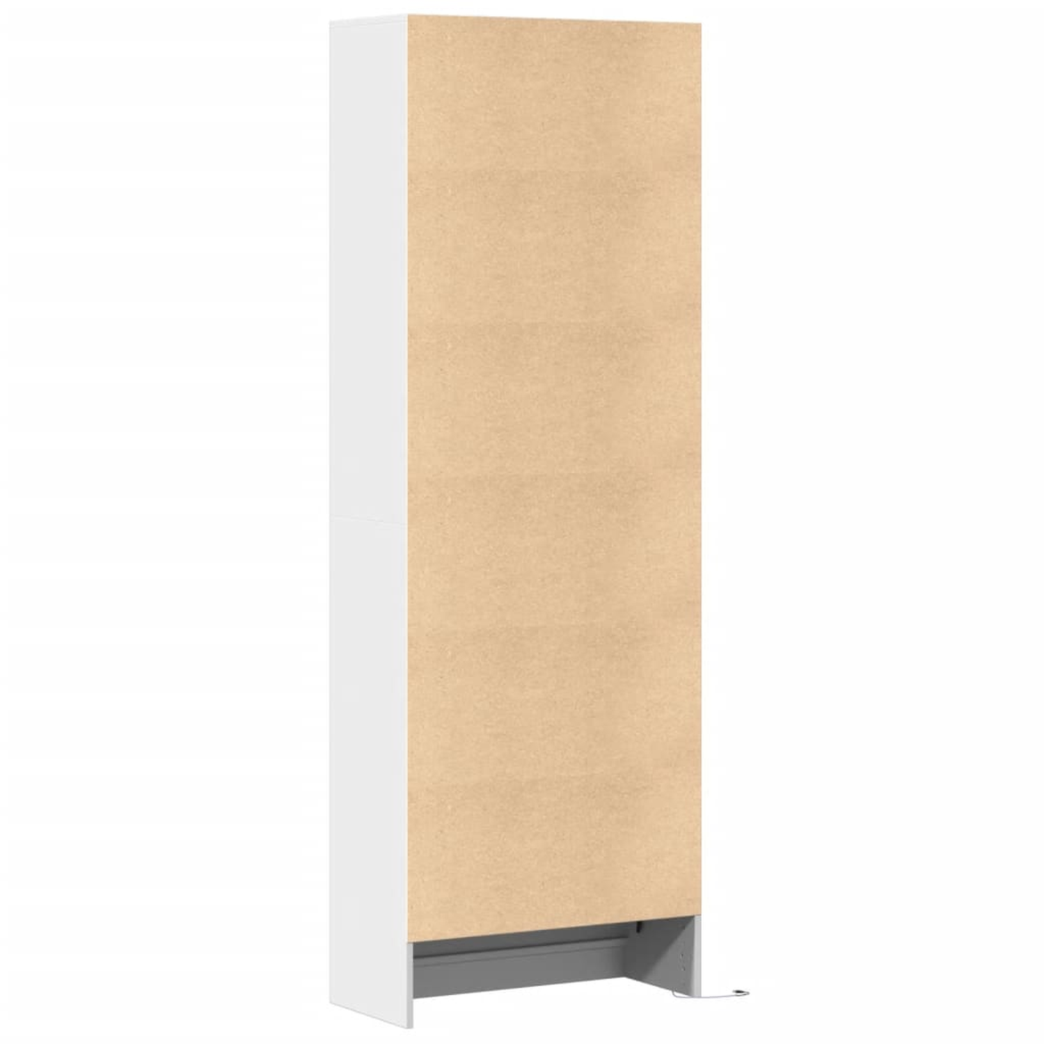 Hoher weißer Schrank mit hellem Holzhintergrund, auf weißem Hintergrund. Seitenansicht.