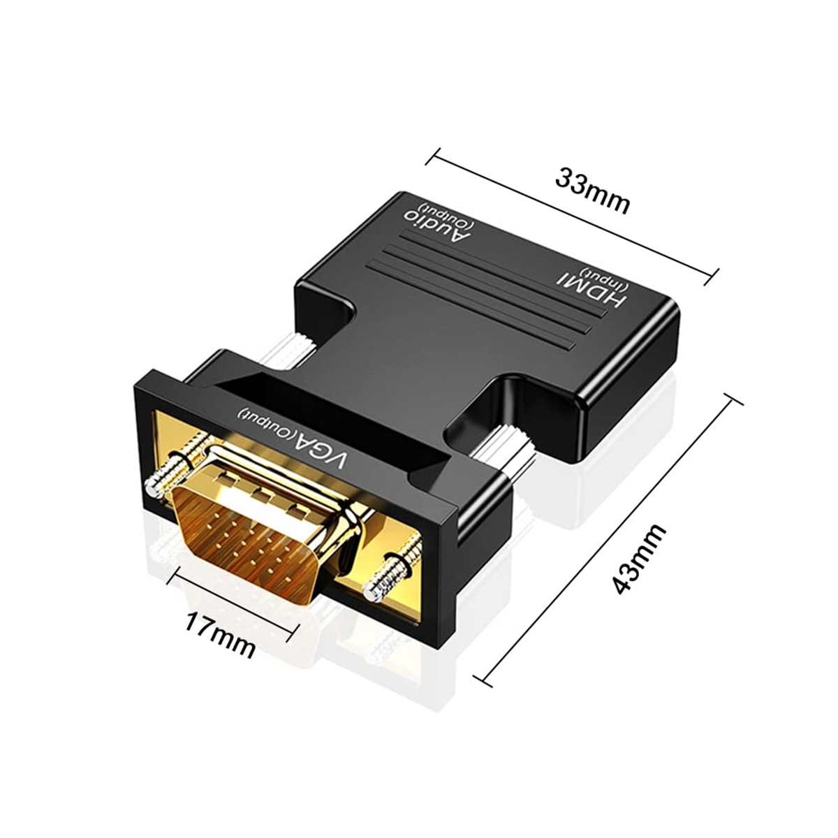 Schwarzer HDMI-zu-VGA-Adapter. Abmessungen werden gezeigt, HDMI- und VGA-Anschlüsse.