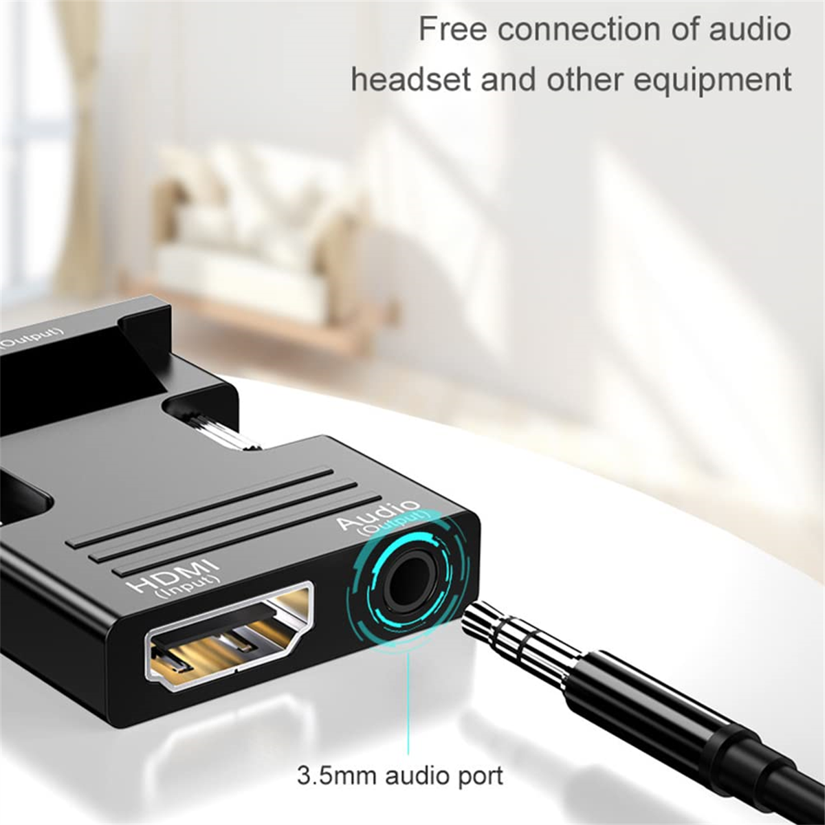 Schwarzer HDMI-Adapter mit 3,5-mm-Audioanschluss. Text-Overlay. Isoliert auf Weiß.