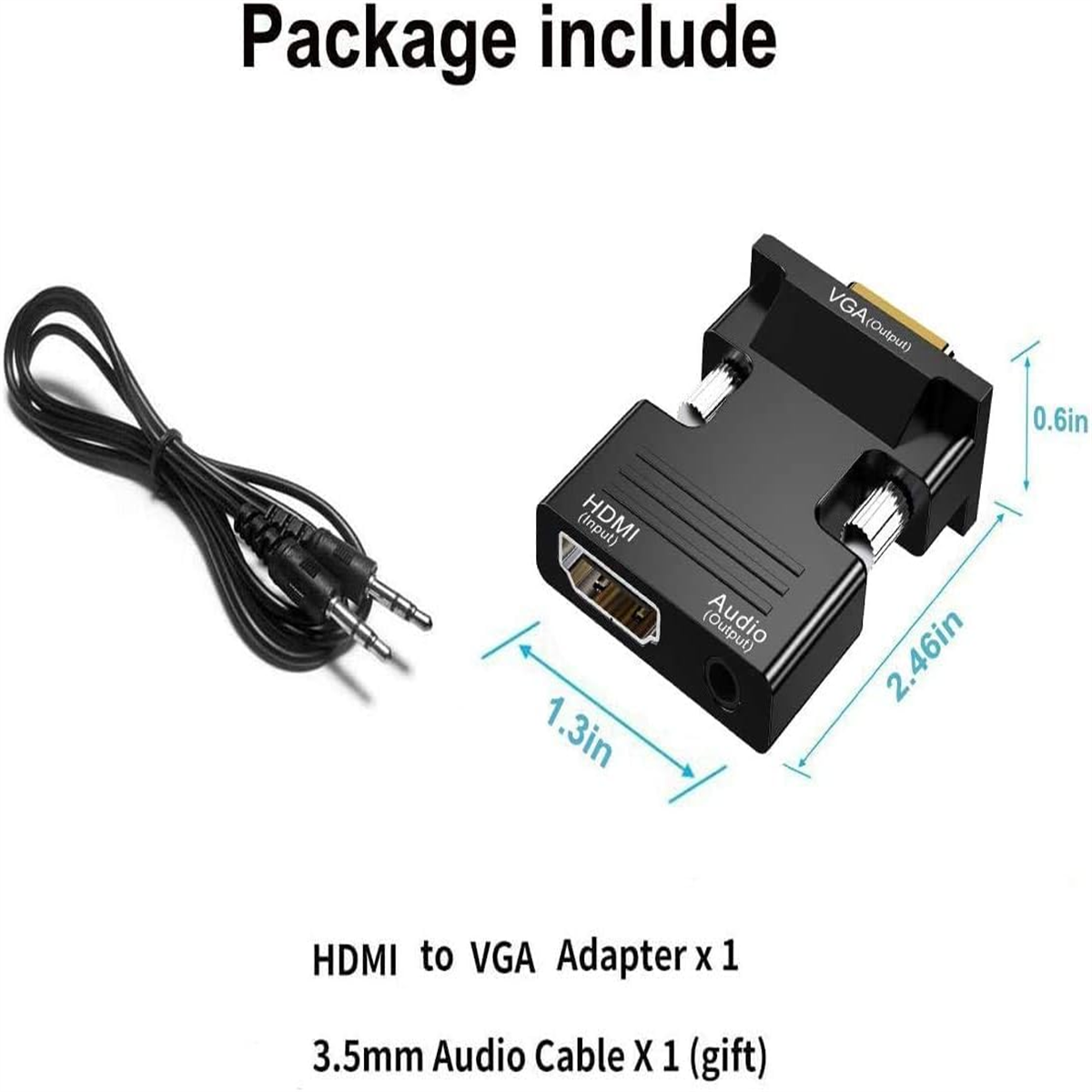 HDMI-zu-VGA-Adapter und ein 3,5-mm-Audiokabel. Abmessungen sind angegeben. Text lautet 'Paket enthält'.